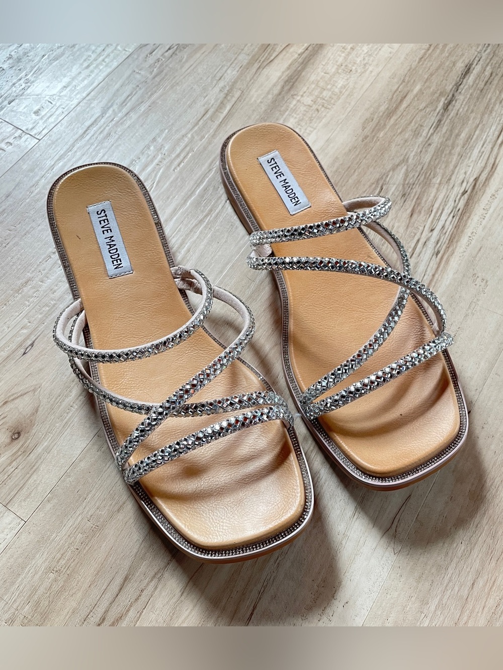 Steve Madden Silver Rhinestone Strappy Slide Sandals
